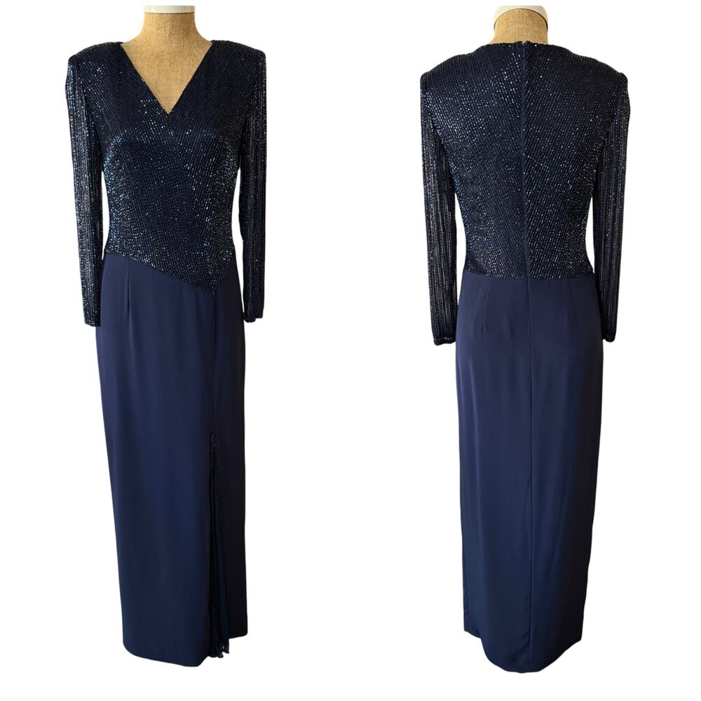 Jovani Beaded Maxi Evening Dress Gown Silk Navy Blue 6 NWT Mother of the Bride
